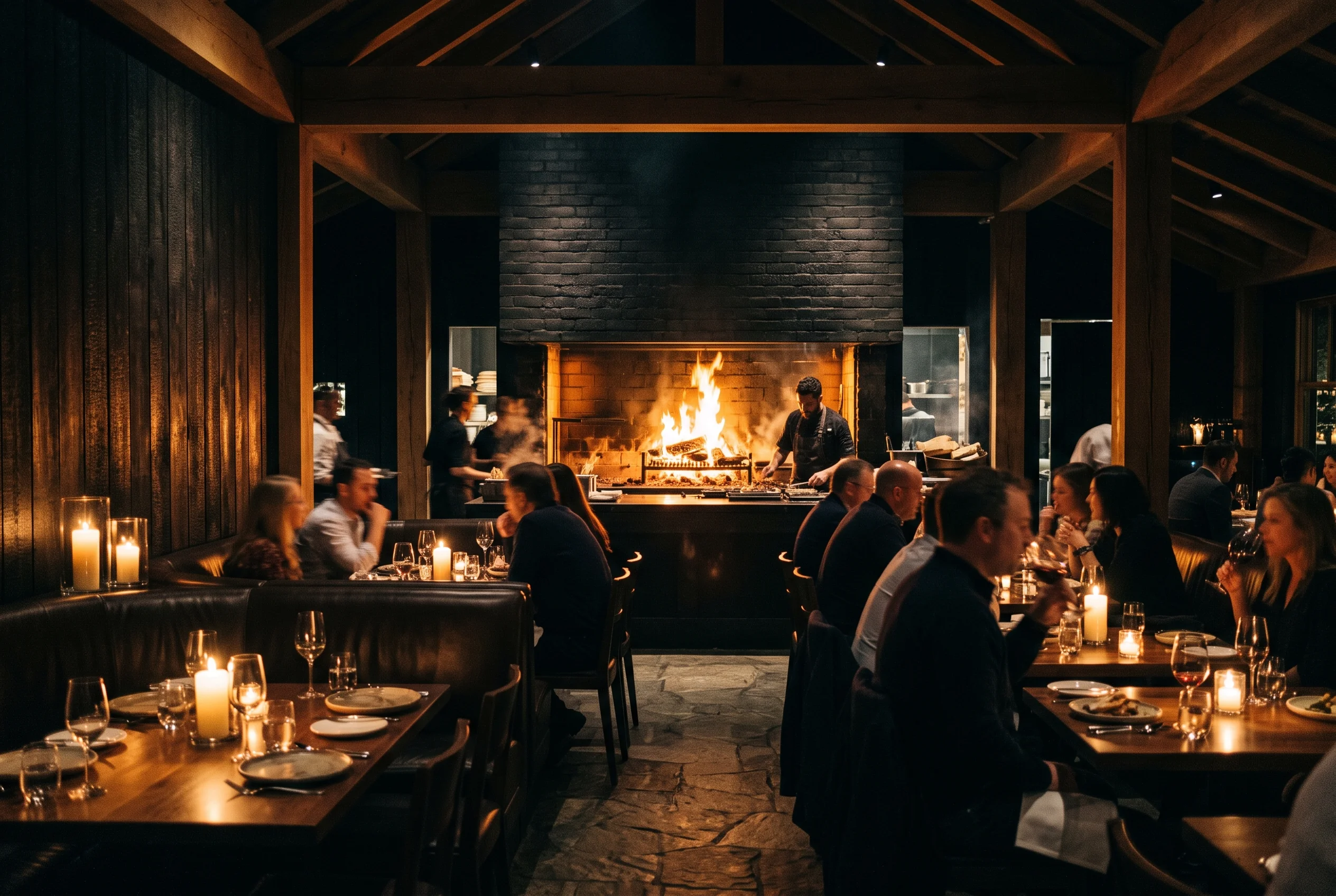 Salão escuro do restaurante, com a cozinha de fogo acesa ao fundo